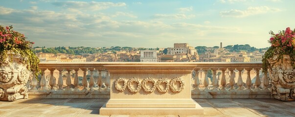 Obraz premium Roman stone podium with laurel wreath carvings, set on a grand terrace with sweeping views of a Roman cityscape, historic product display, Roman majesty