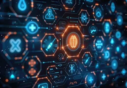 A futuristic digital interface with medical symbols and icons floating in a dark blue background. The icons are arranged in circular bubbles, include a heart rate monitor, brain, test tube.