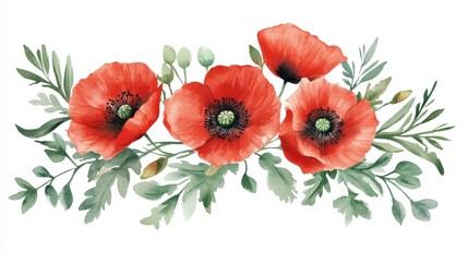 Obraz premium A watercolor illustration of vibrant red poppy flowers with green foliage.