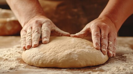 A person kneading dough on a table with flour, AI
