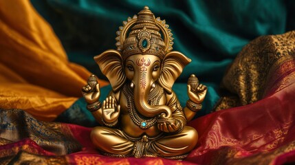 Obraz premium A finely crafted gold Ganesh idol, with gemstones embedded in the crown, set against a vibrant, festive backdrop, surrounded by colorful fabric drapes