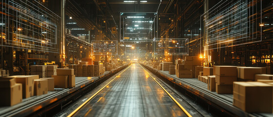 Obraz premium Warehouse Technology, A busy warehouse scene showcases a conveyor belt laden with cardboard boxes, enhanced by interactive wireframe holograms highlighting sorting metrics. The