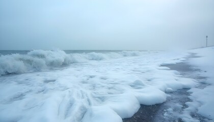 Obraz premium frozen ocean waves on a winter morning, with ice formations along the shoreline and a pale blue sky background wallpaper