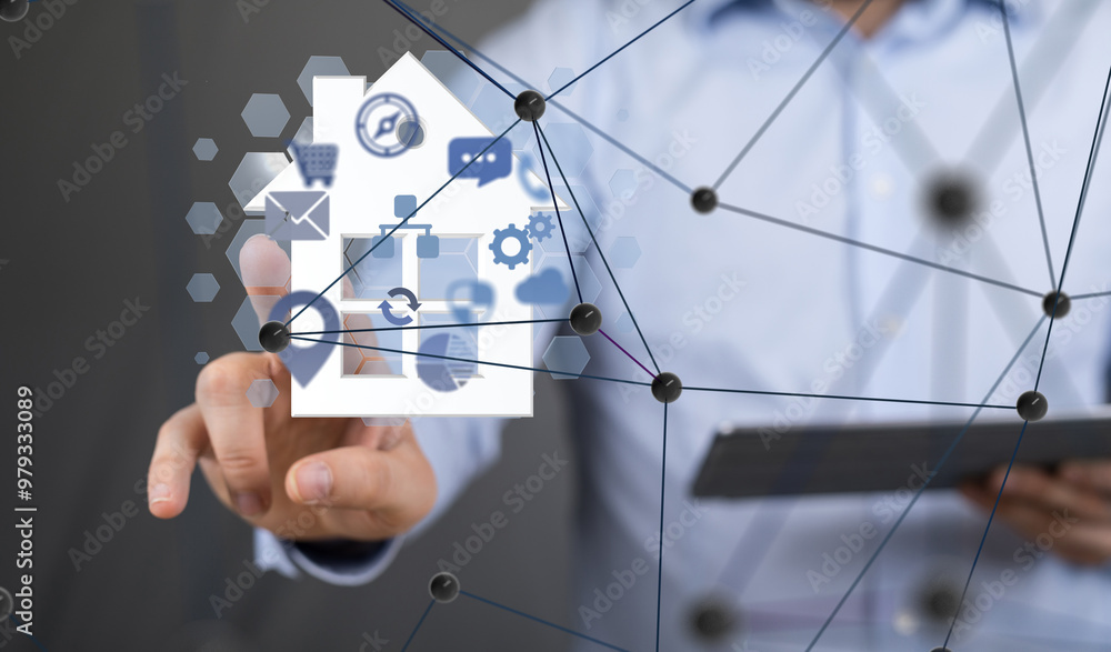 Poster home iot - Neural network 3D illustration. Big data and cybersecurity