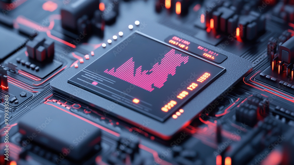 Poster a close up of a computer chip with red lights on it, ai