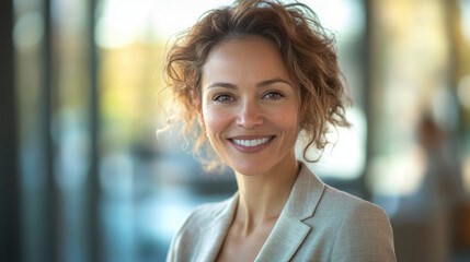 Obraz premium Businesswoman Portrait, A smiling businesswoman poses confidently for the camera in natural light, radiating positivity and professionalism