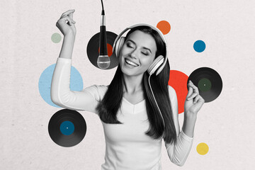 Composite artwork collage image picture of black white effect girl headphones sing microphone...