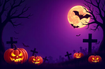 Fototapeta premium Halloween illustration card design of a cemetery with pumpkins, bats, and graves on a purple background. 