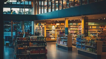 A well-lit grocery store interior showcasing various products on shelves.