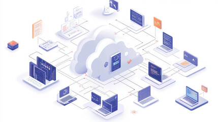 Cloud file integration and migration,  illustration showing cloud API integration with data streams and digital connections