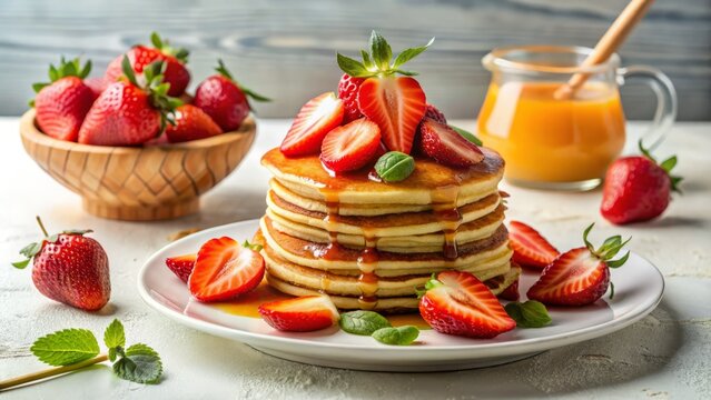 Vibrant breakfast idea featuring kenkey, topped with fresh strawberries and a drizzle of honey, set against a clean white backdrop