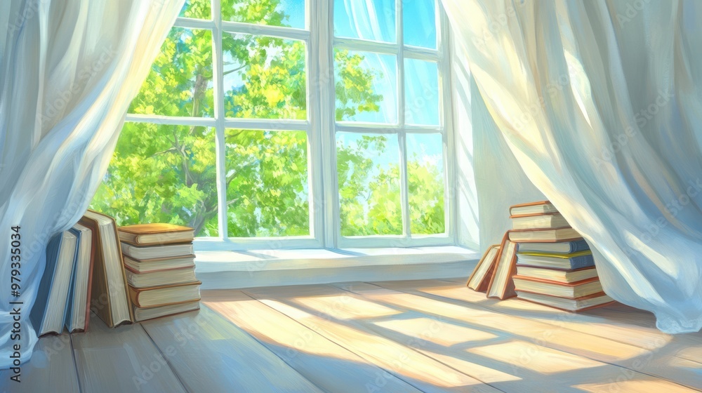 Poster a window with a view of trees and books on the floor, ai