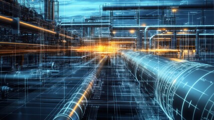 An industrial scene showcasing pipeline engineering and design services. The image emphasizes precision and professionalism in oil, gas, and utility infrastructure projects