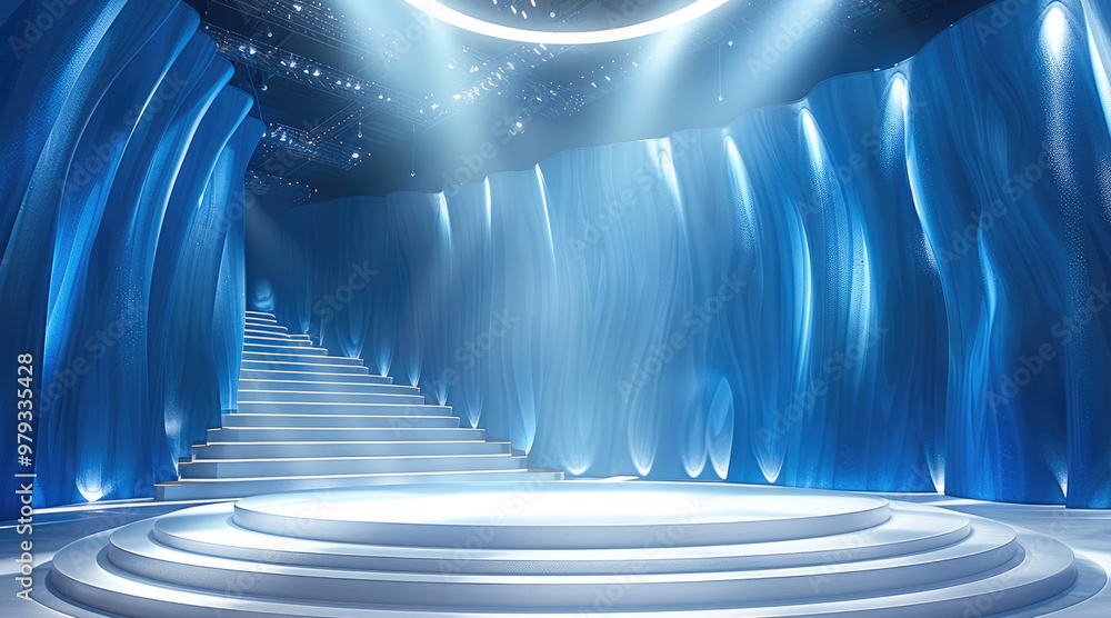 Poster A massive circular runway stage with a white runway that is also circular. The main color scheme is blue. Light is projected from above, creating a sense of technology and futurism. Generative AI.