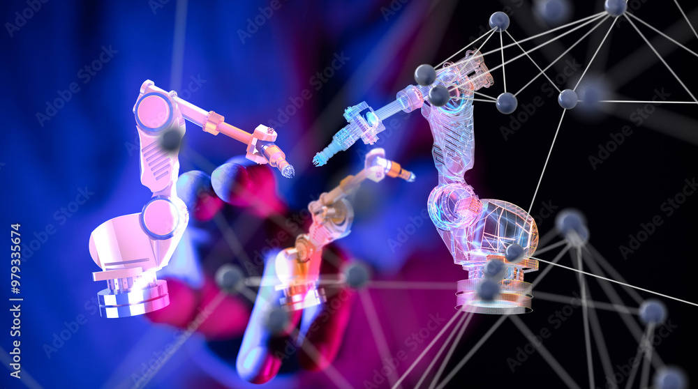 Poster Neural network 3D illustration. Big data and cybersecurity