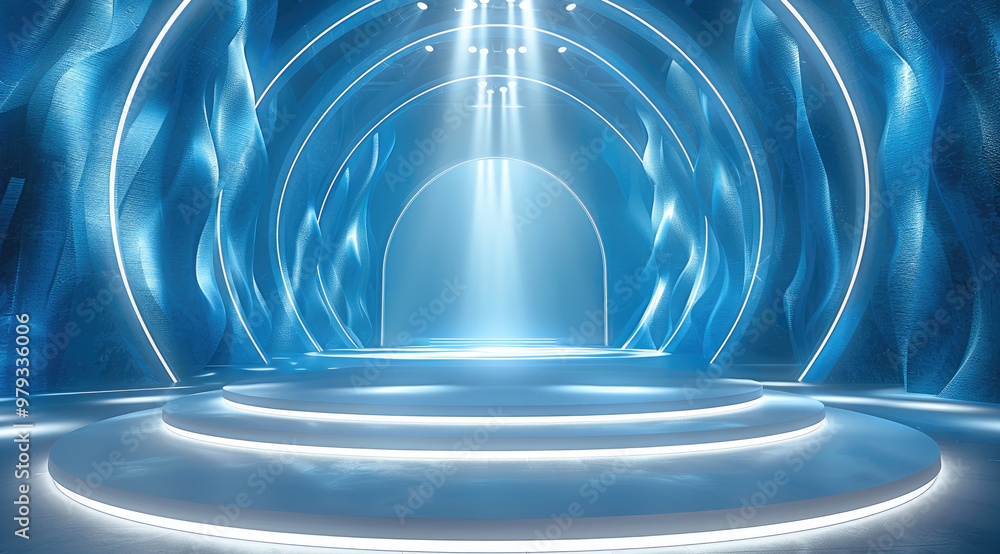 Aufkleber A massive circular runway stage with a white runway that is also circular. The main color scheme is blue. Light is projected from above, creating a sense of technology and futurism. Generative AI.