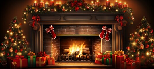 Cozy Christmas fireplace with stockings, gifts, and festive decorations in a warm setting