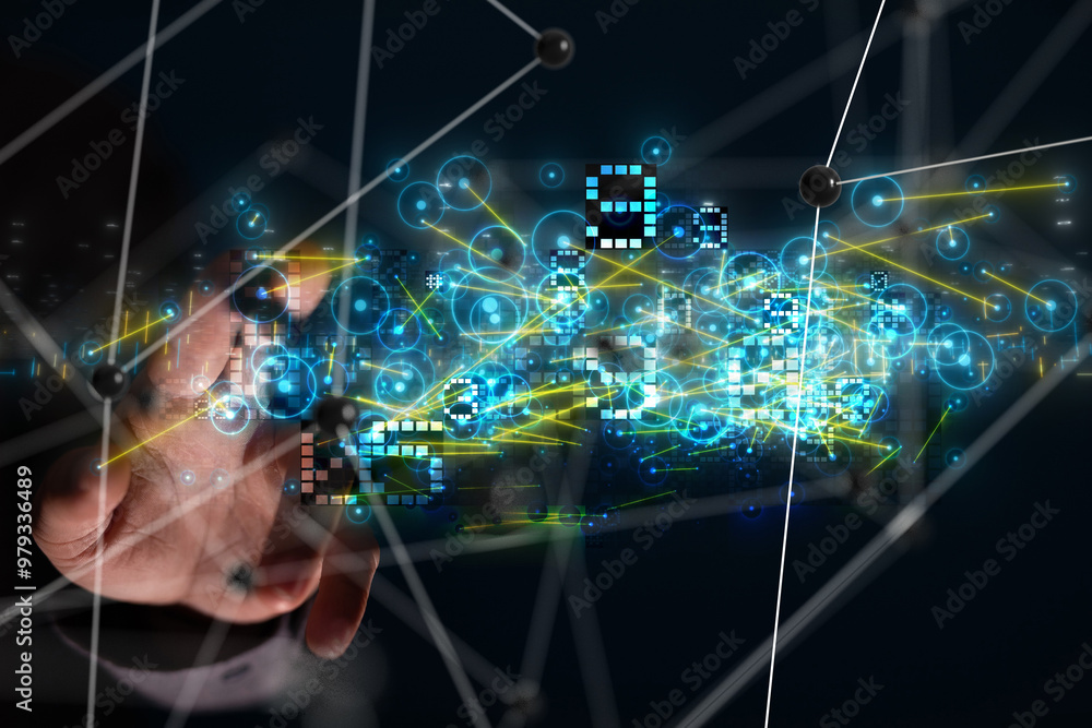 Poster Neural network 3D illustration. Big data and cybersecurity
