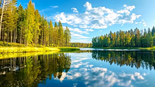A beautiful lake with trees in the background. The sky is blue and there are some clouds. The water is calm and the reflection of the trees is visible