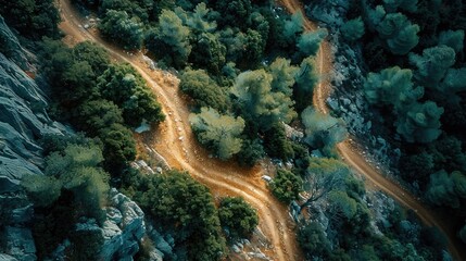 A winding dirt road snakes through the lush green forest leading deep into the mountainous landscape  This scenic route offers an adventurous journey for hikers trekkers