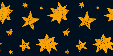 Seamless pattern with yellow stars on a dark blue background. Hand drawn vector grunge illustration.