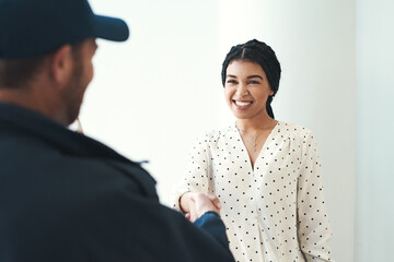 Handshake, smile for thank you and woman with courier for delivery, distribution or shipping....