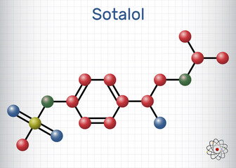Sotalol drug molecule. Used to treat and prevent abnormal heart rhythms. Molecule model.  Sheet of paper in a cage.  Vector