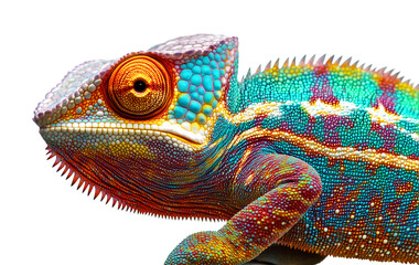 Vibrant Chameleon Close-Up with Colorful Scales and Detailed Texture on White Background, Cutout, Isolated on White Background