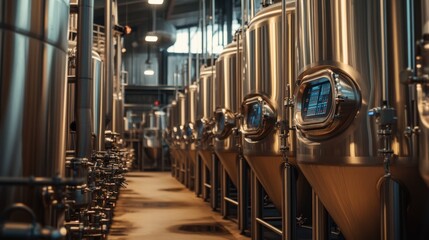 Fototapeta premium Inside a modern brewery, large stainless steel fermentation tanks stand in rows, towering over the workers below
