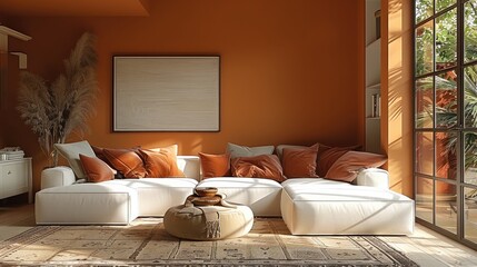 A modern open plan living room with flat painted burnt orange walls, white ceiling, and square set ceilings . Couch to be in a textured cream fabric with textured cushions in rust. Generative AI.