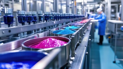 Inside a modern cosmetics manufacturing factory, rows of stainless steel mixing vats are blending colorful creams and lotions