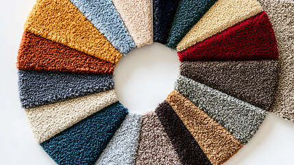 collection of vibrant carpet swatches, arranged in a circle to display a range of textures and pile heights