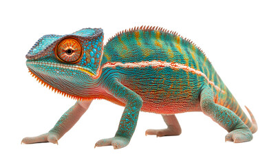 Colorful Chameleon Full-Body Profile with Intricate Patterned Scales and Vibrant Details on White Background, Cutout, Isolated on White Background