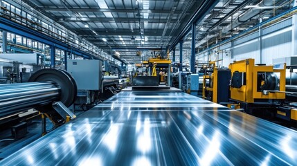 Fototapeta premium Inside a modern roofing factory, large machines are rolling out metal roofing sheets