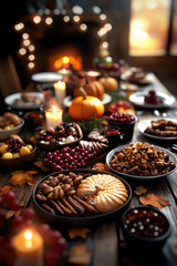 Naklejka premium A festive table showcasing an abundance of autumn foods, including pumpkin, nuts, and grapes, perfect for harvest celebrations.