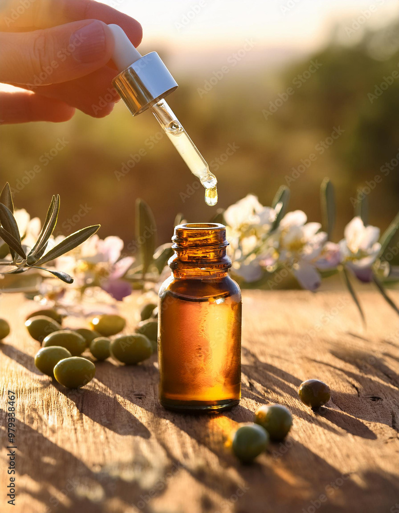 Poster Amber glass bottle on a wooden table, around olive flowers leaves, above a glass pipette with a drop of essence falling, nature background with the sun, Bach flower, floral therapy