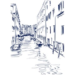 Venice city canal in the morning, black and white drawing 