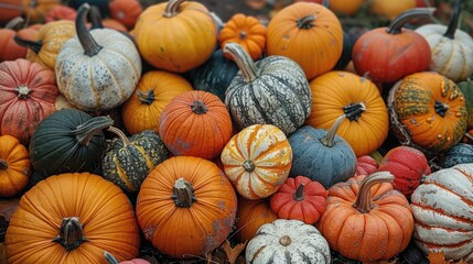 A pile of harvested pumpkins and gourds on a rustic farm in autumn. Generative AI.