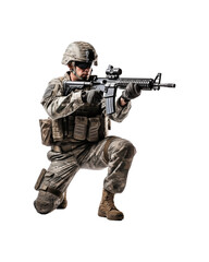 Fototapeta premium Soldier in camouflage uniform with assault rifle for military, army, combat, war, security, defense, protection, and armed forces concepts. Generative AI