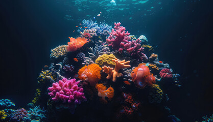 A dark background with vibrant, glowing coral reefs in the center. Generative AI.