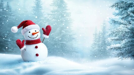 Fototapeta premium cute smiling snowman in santa hat, red scarf and mittens on snow, christmas card