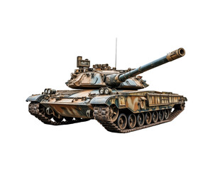 Camouflaged military tank suitable for military, warfare, and defense concepts. Shows tracks, cannons, and turrets. Perfect for war themed designs and projects. Generative AI