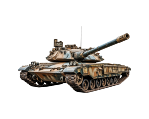 Camouflaged military tank suitable for military, warfare, and defense concepts. Shows tracks, cannons, and turrets. Perfect for war themed designs and projects. Generative AI