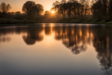 A quiet riverbank bathed in the soft glow of the setting sun with gentle ripples on the water, AI Generated