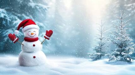Fototapeta premium cute smiling snowman in santa hat, red scarf and mittens on snow, christmas card