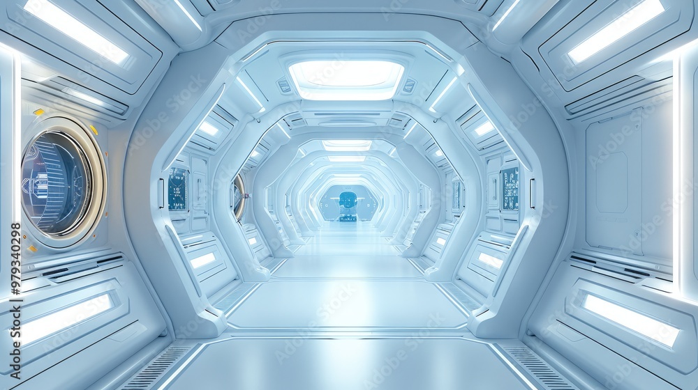 Aufkleber within a huge futuristic spaceship interior. generative ai.
