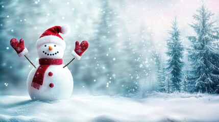 cute smiling snowman in santa hat, red scarf and mittens on snow, christmas card