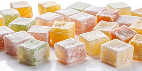 Chewy, translucent cubes of Lokum, arranged in a deliberate pattern, glisten against a crisp white background, highlighting the delicate texture and subtle sheen of the candy.