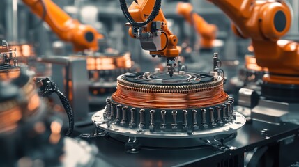 In a modern production facility, robotic arms are assembling electric vehicle (EV) motors with precision