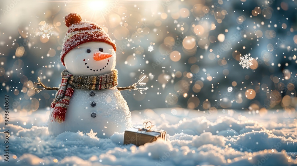 Aufkleber a cheerful snowman standing in a snowy landscape, with large snowflakes gently falling from the sky.